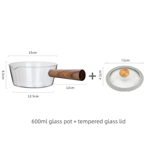 Glass Milk Pot with Wooden Handle – Heat Resistant Cookware for Kitchen Use