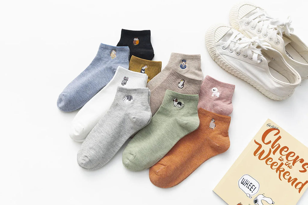 Embroidered Cotton Animal Socks – Kawaii Casual Streetwear for Women