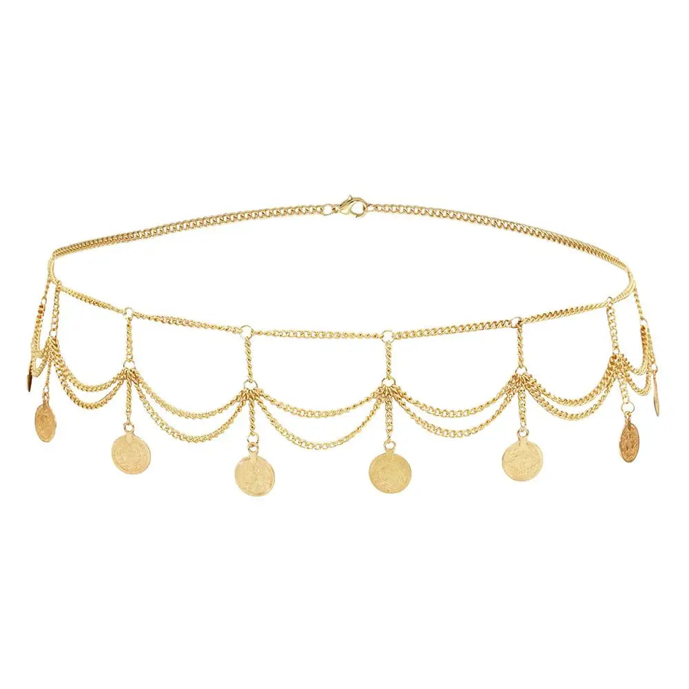 Gold coin chain belt with layered drape design and dangling charms on white background