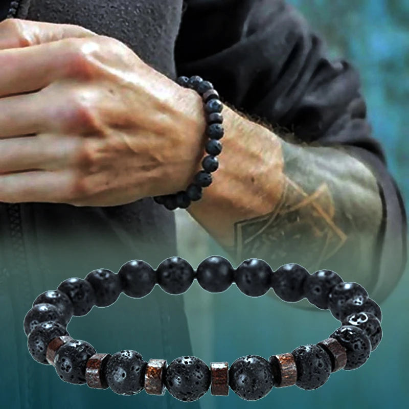 Lava Stone and Wood Bead Bracelet – 8mm Tibetan Buddha Jewelry for Men and Women