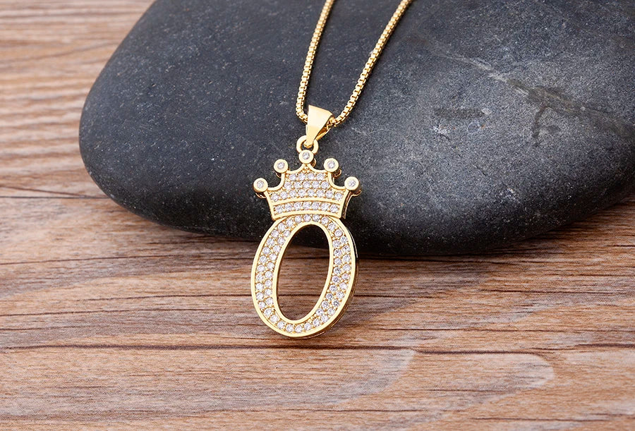 Copper Zircon Initial Crown Necklace – Hip-Hop Alphabet Jewelry for Men and Women