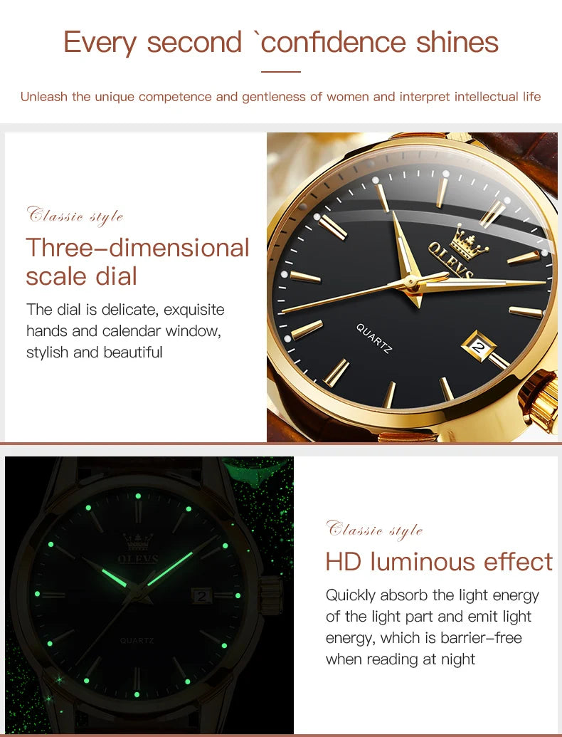OLEVS Quartz Wristwatch – Leather Strap for Business Casual Wear