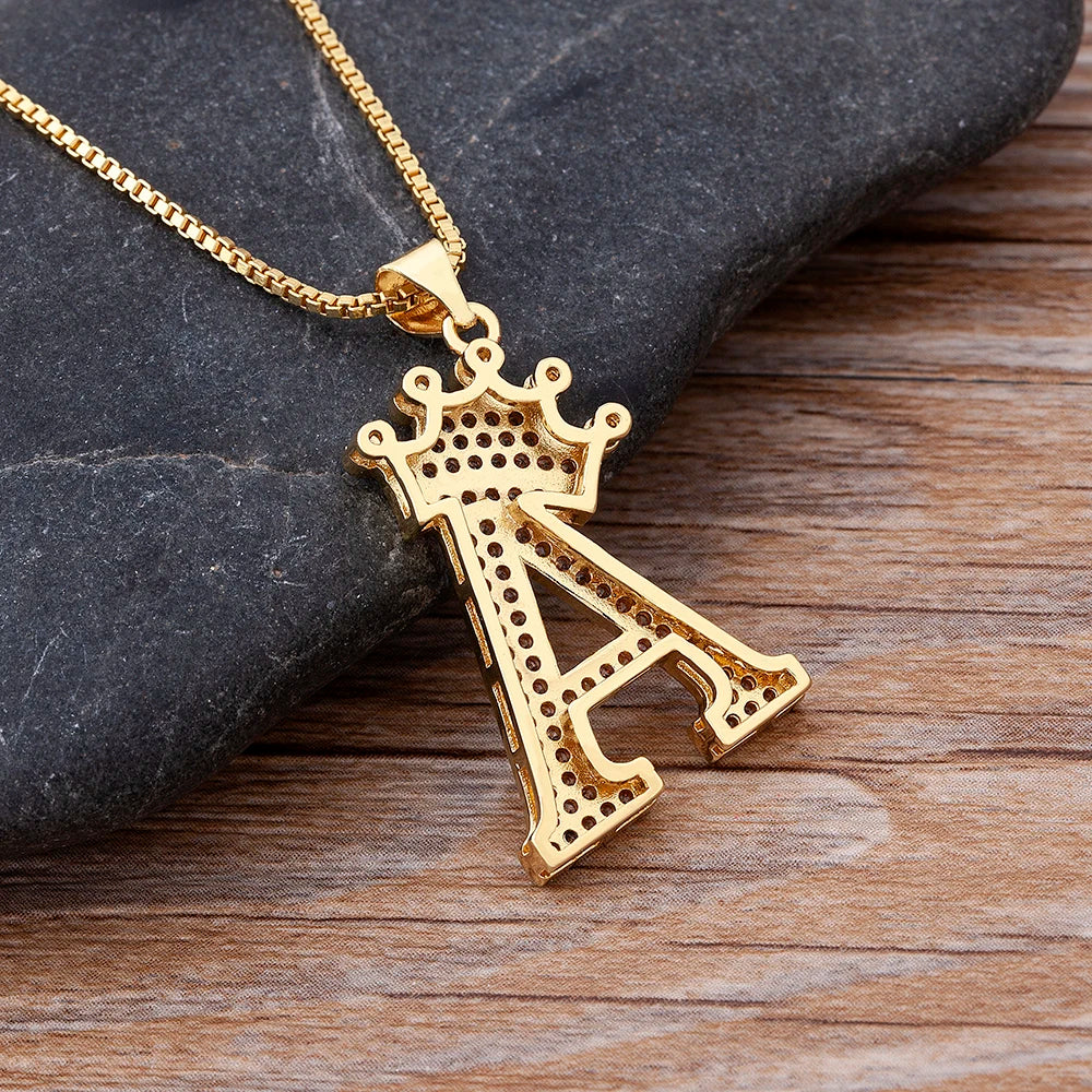 Copper Zircon Initial Crown Necklace – Hip-Hop Alphabet Jewelry for Men and Women