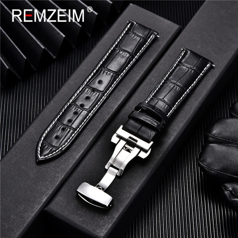 Genuine Calfskin Leather Watch Strap – Butterfly Buckle for Business
