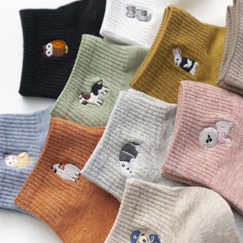 Embroidered Cotton Animal Socks – Kawaii Casual Streetwear for Women