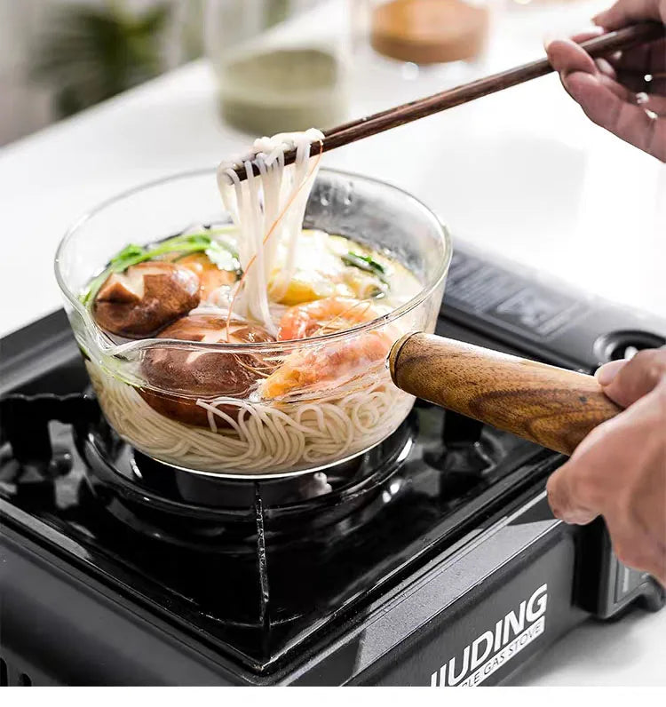 Glass Milk Pot with Wooden Handle – Heat Resistant Cookware for Kitchen Use
