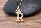 Copper Zircon Initial Crown Necklace – Hip-Hop Alphabet Jewelry for Men and Women