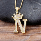 Copper Zircon Initial Crown Necklace – Hip-Hop Alphabet Jewelry for Men and Women