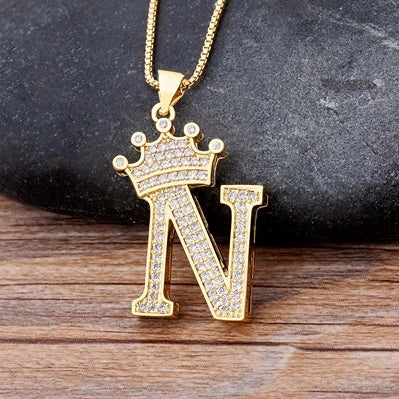 Copper Zircon Initial Crown Necklace – Hip-Hop Alphabet Jewelry for Men and Women