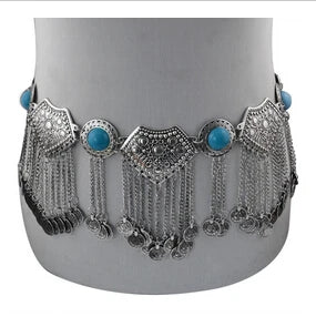 Boho silver chain belt with turquoise stones and dangling coin charms