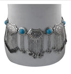 Boho silver chain belt with turquoise stones and dangling coin charms