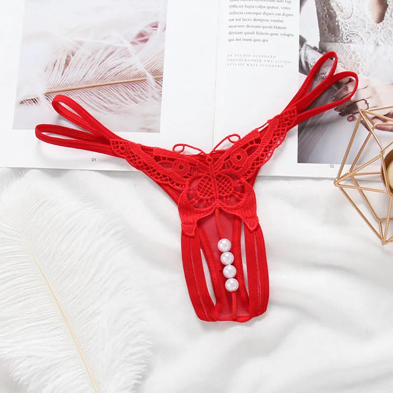 Lace Pearl G-String – Open Crotch Beaded Thong for Sexy Lingerie