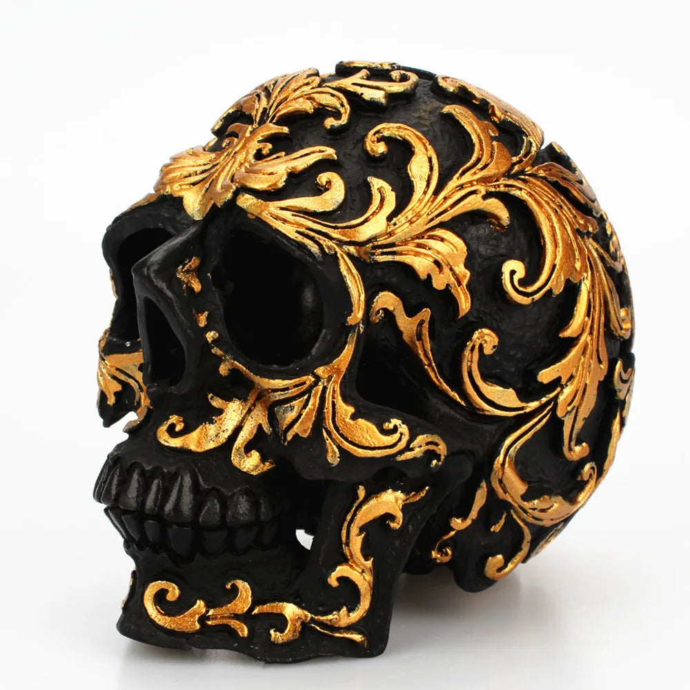 Resin Skull Sculpture – Gold Carved Black Gothic Decor for Halloween
