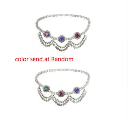 Two rhinestone chokers with multicolor gem accents, decorative chain, colors sent at random