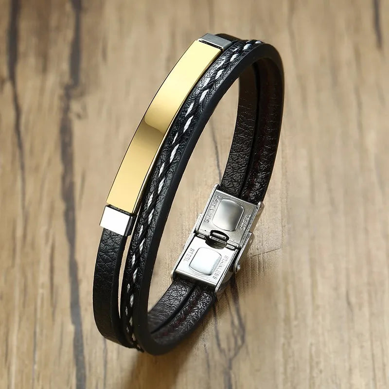 Genuine Leather Bar Bracelet – Stainless Steel Layered Bangle for Men Women