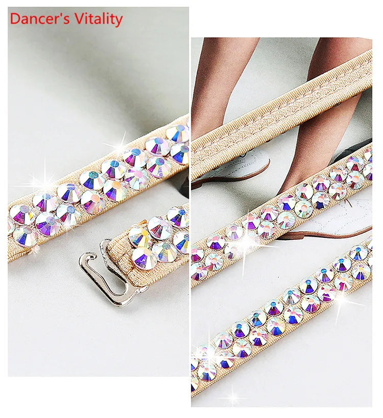 Rhinestone embellished beige shoe strap with metal hook, close-up and worn on feet.