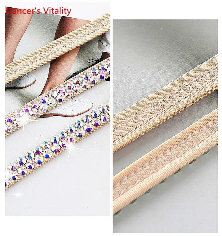 Beige elastic rhinestone dance shoe straps with shiny crystal embellishments