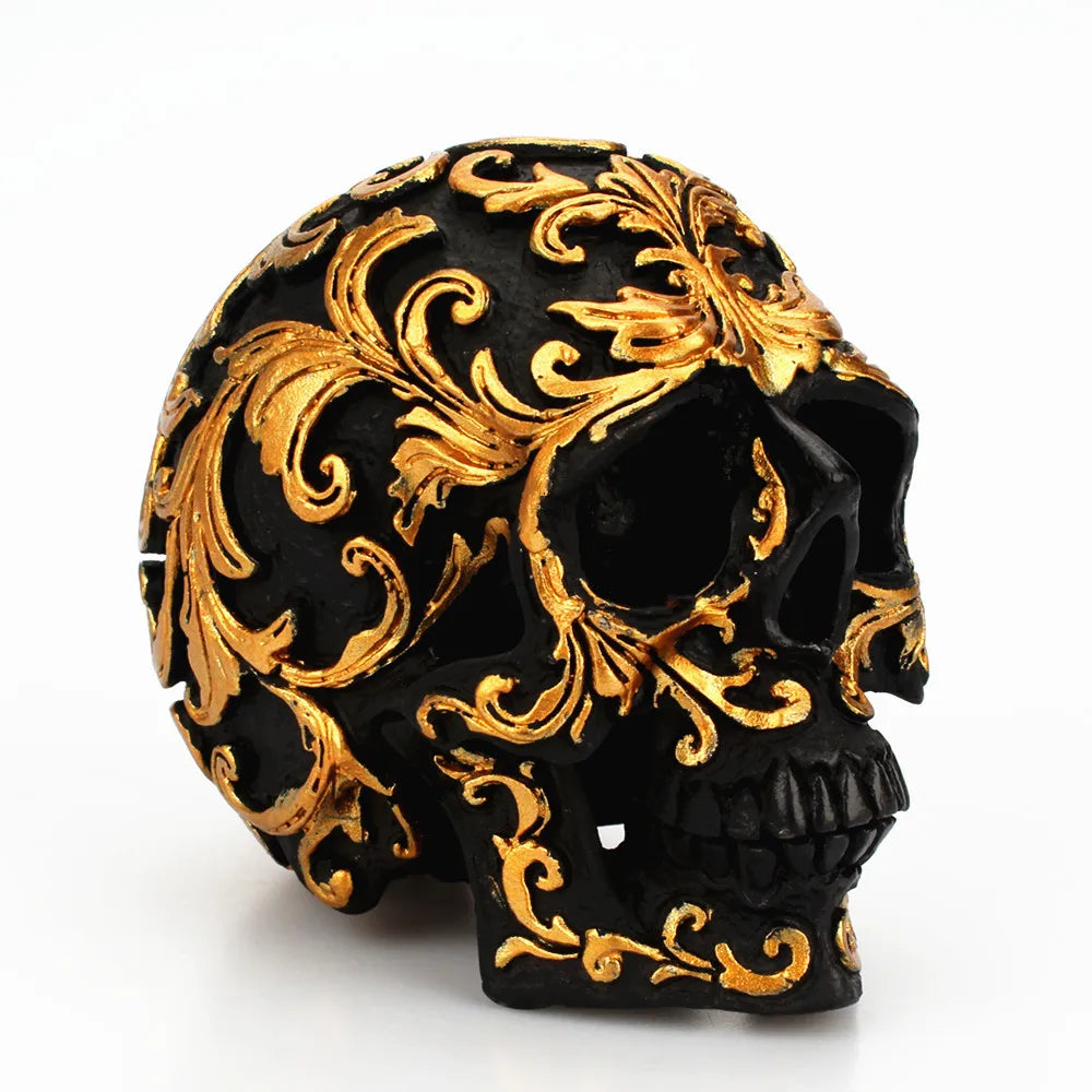 Resin Skull Sculpture – Gold Carved Black Gothic Decor for Halloween