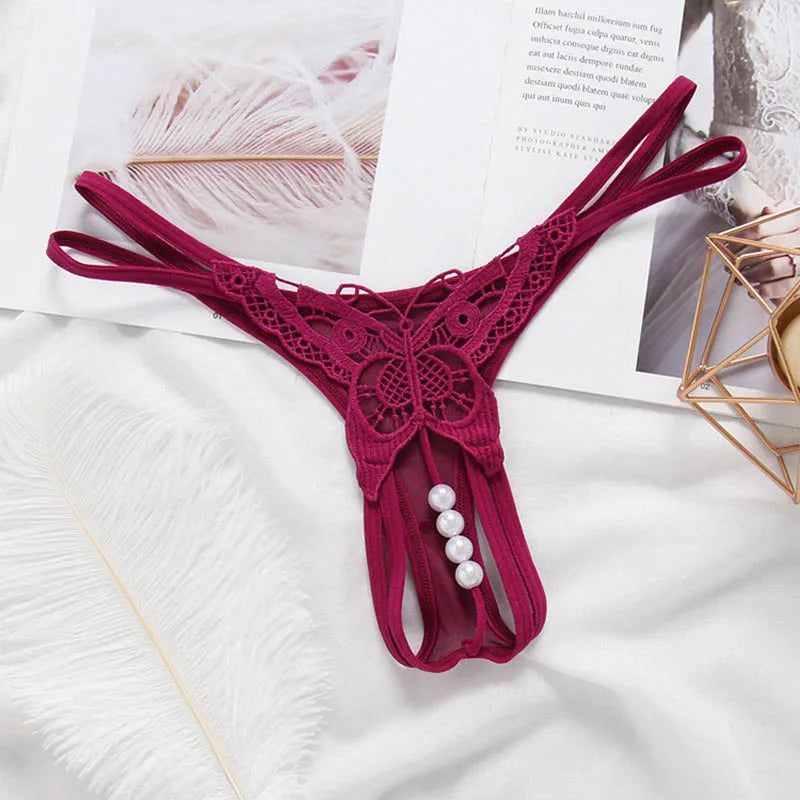 Lace Pearl G-String – Open Crotch Beaded Thong for Sexy Lingerie