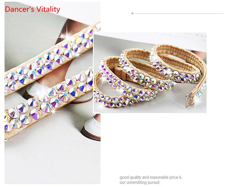 Beige ankle straps with reflective crystal rhinestones, ideal for dance or party wear.