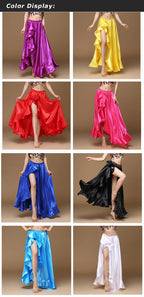 Colorful satin ruffled belly dance skirts for women, shown in eight different colors.