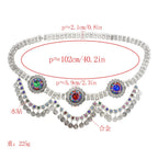 Decorative silver waist chain belt with colored rhinestones and hanging coins, labeled measurements.