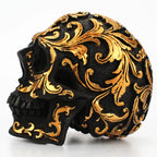 Resin Skull Sculpture – Gold Carved Black Gothic Decor for Halloween