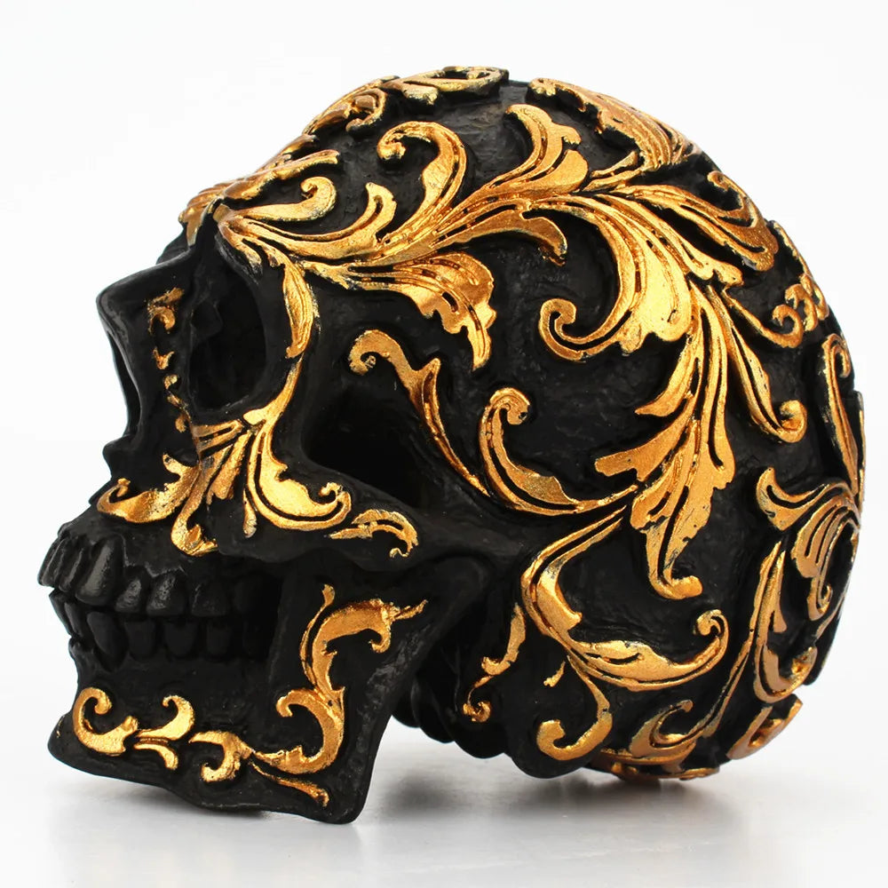 Resin Skull Sculpture – Gold Carved Black Gothic Decor for Halloween