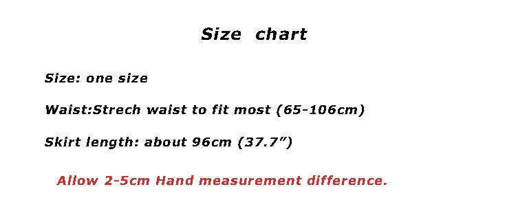 Size chart for skirt with stretch waist 65-106cm, skirt length about 96cm, one size