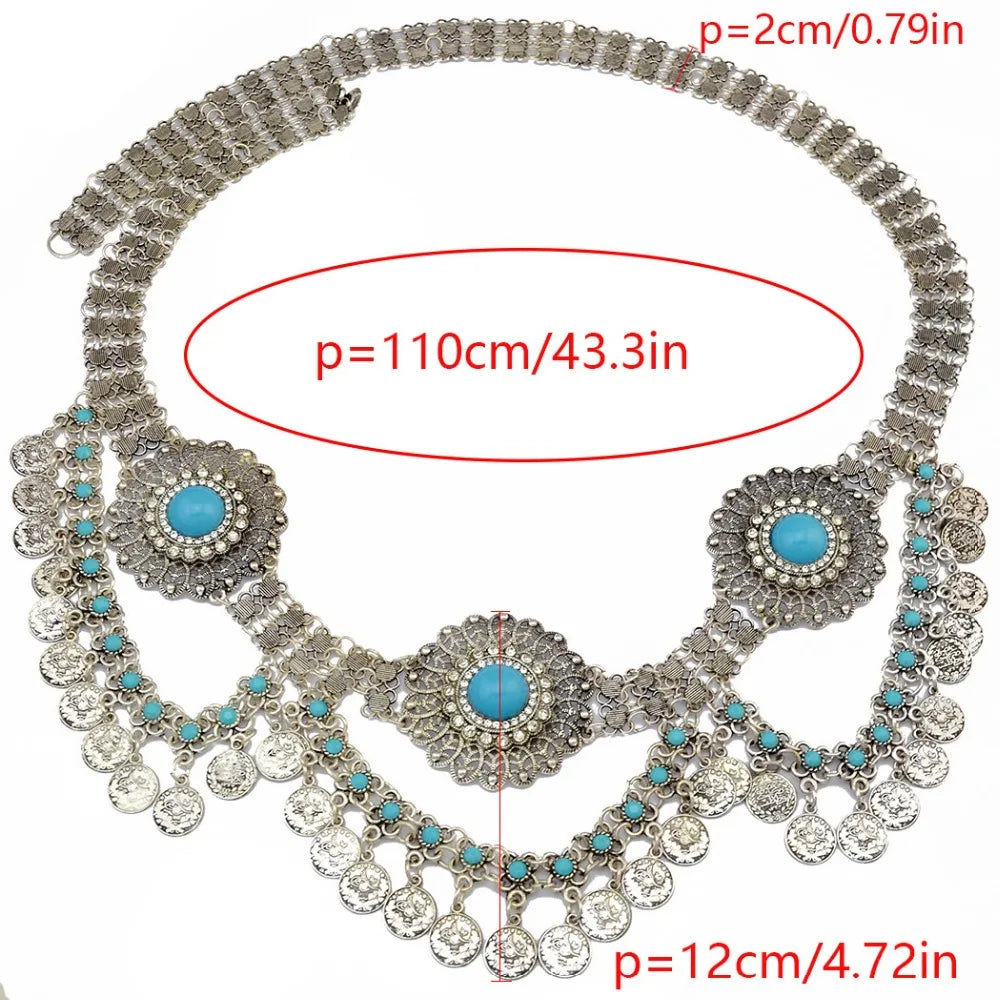 Boho silver statement belt with turquoise accents and coin charms, detailed with measurements.