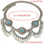 Boho silver statement belt with turquoise accents and coin charms, detailed with measurements.