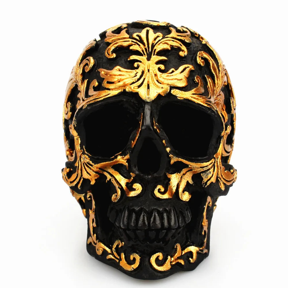 Resin Skull Sculpture – Gold Carved Black Gothic Decor for Halloween