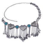 Bohemian silver coin belt with turquoise stones and ornate metal details