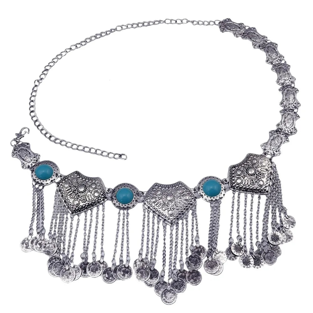 Bohemian silver coin belt with turquoise stones and ornate metal details