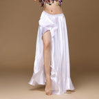 Woman wearing white satin high slit ruffle skirt, belly dance costume, studio background