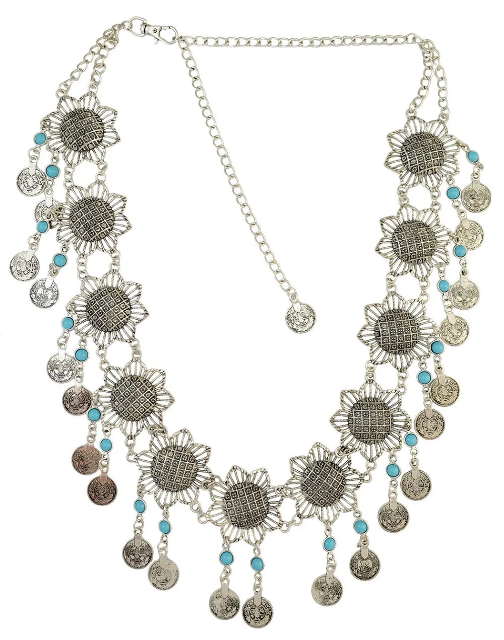 Boho statement necklace with silver sunflowers, turquoise beads, and coin charms
