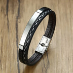 Genuine Leather Bar Bracelet – Stainless Steel Layered Bangle for Men Women