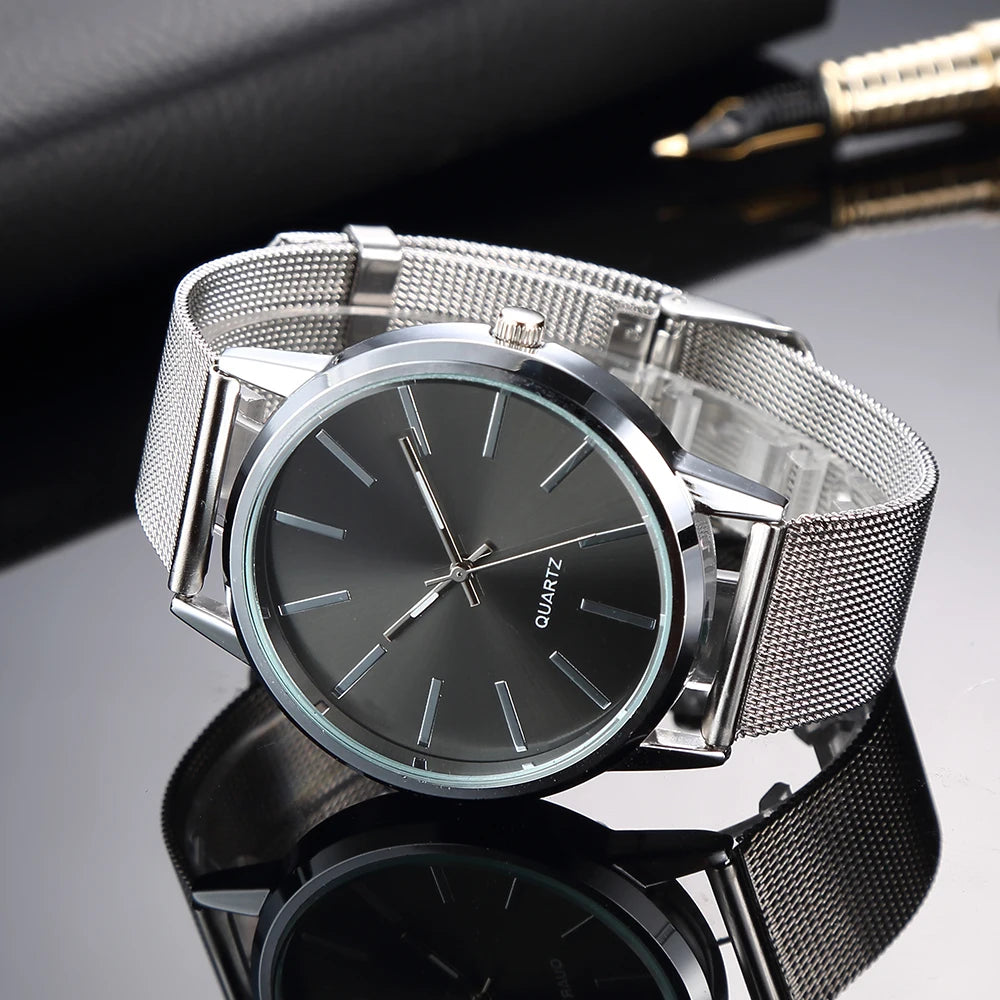 Minimalist Silver Quartz Watch – Elegant Leather Business Accessory for Women