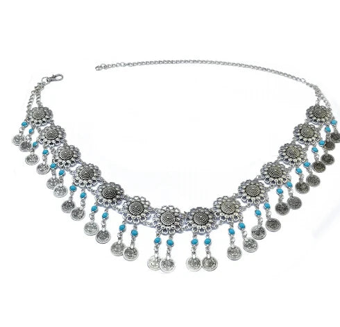 Boho silver coin statement necklace with floral details and blue bead accents