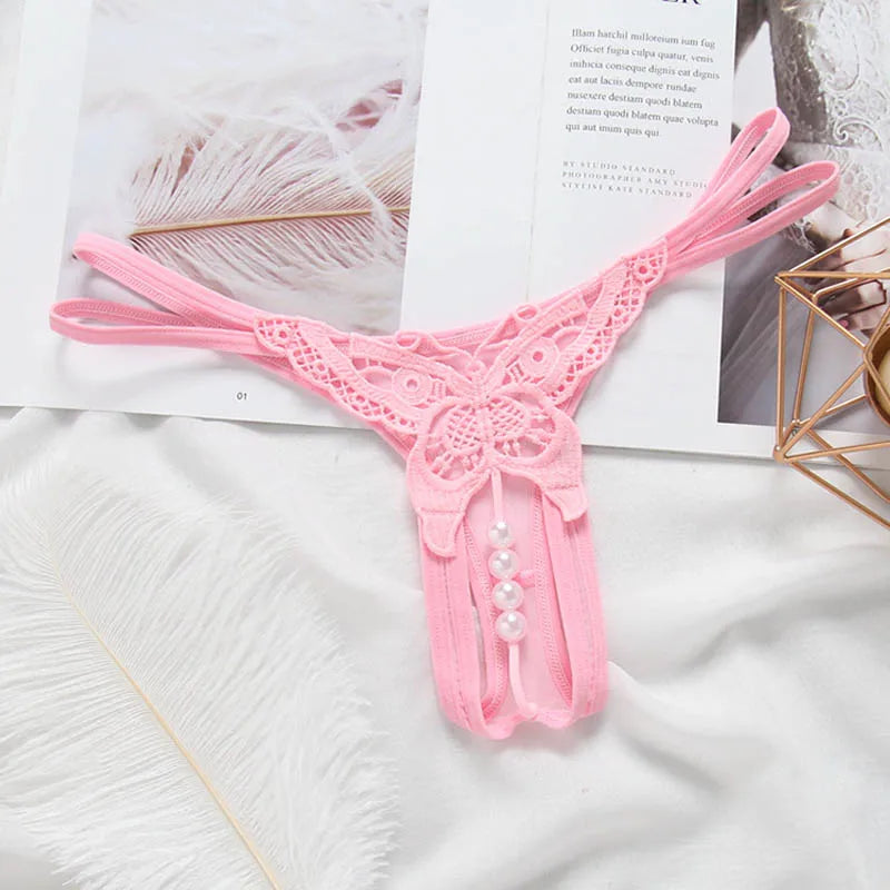Lace Pearl G-String – Open Crotch Beaded Thong for Sexy Lingerie
