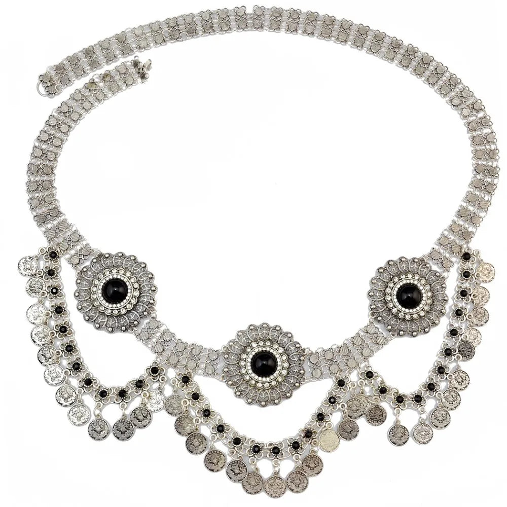 Silver coin choker necklace with black stone accents and ornate circular pendants.