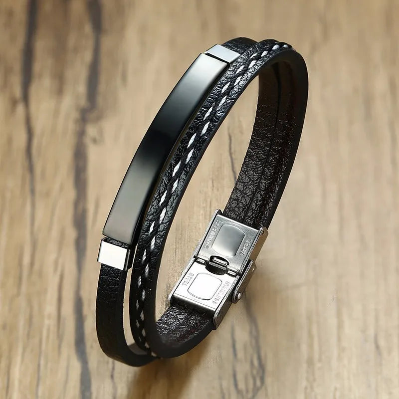 Genuine Leather Bar Bracelet – Stainless Steel Layered Bangle for Men Women