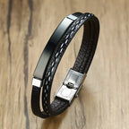 Genuine Leather Bar Bracelet – Stainless Steel Layered Bangle for Men Women