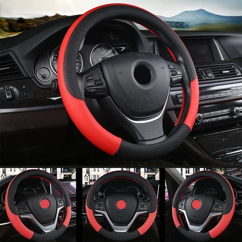 Faux Leather Steering Wheel Cover – 37-38cm Breathable Auto Interior Accessory