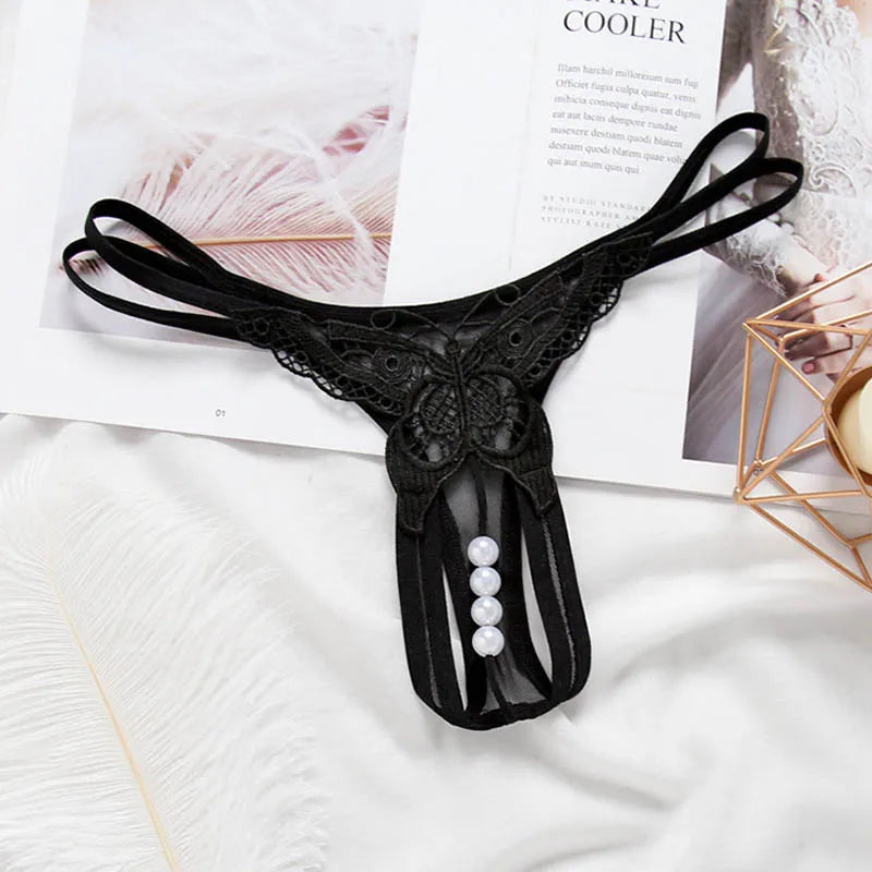Lace Pearl G-String – Open Crotch Beaded Thong for Sexy Lingerie