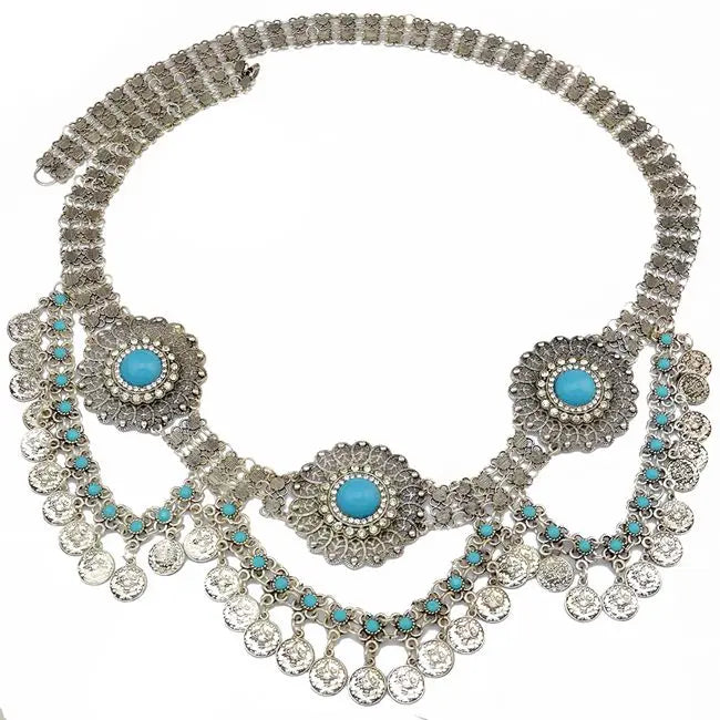 Boho silver waist chain belt with turquoise blue stones and coin dangle accents