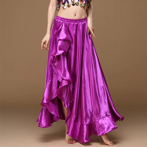 Shiny purple ruffled skirt with high waist, modeled indoors, suitable for dance or costumes