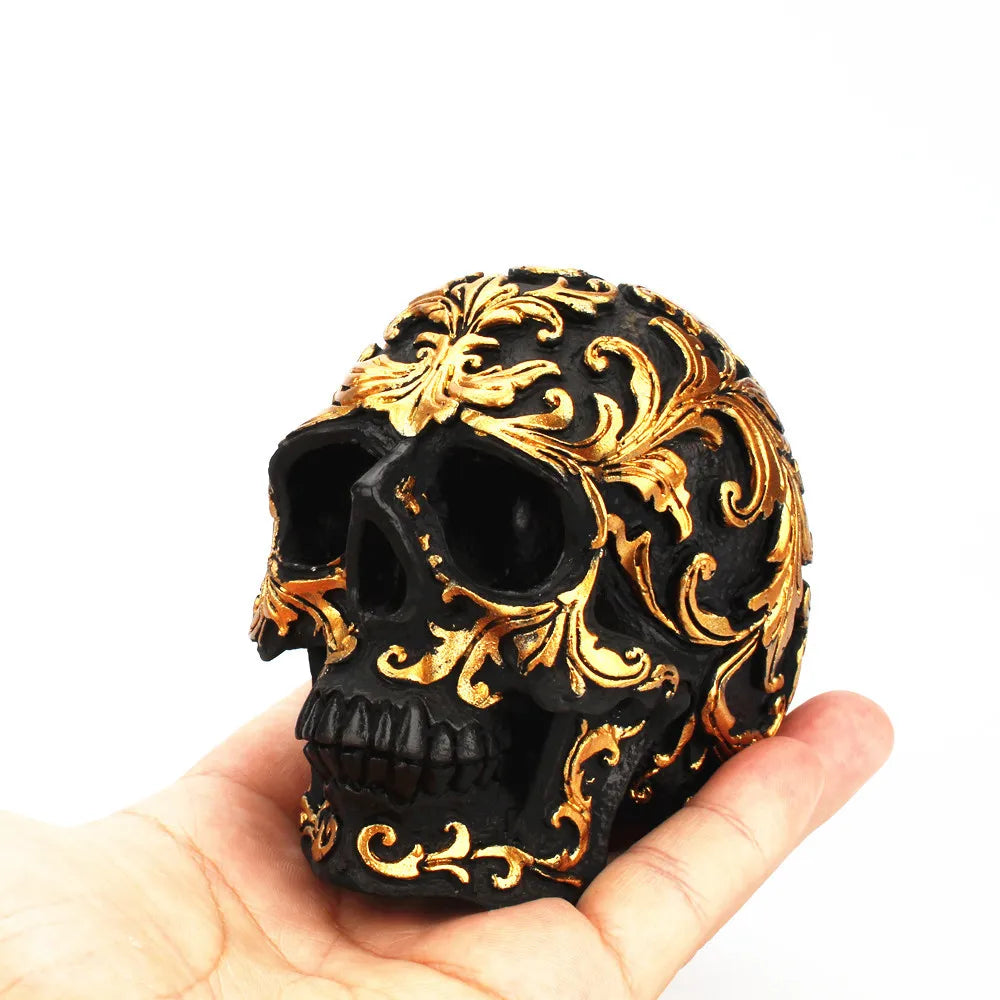 Resin Skull Sculpture – Gold Carved Black Gothic Decor for Halloween