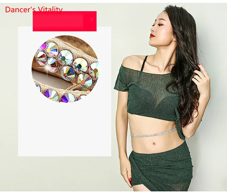 Woman in dark green dance outfit with rhinestone-studded waist chain, product detail inset