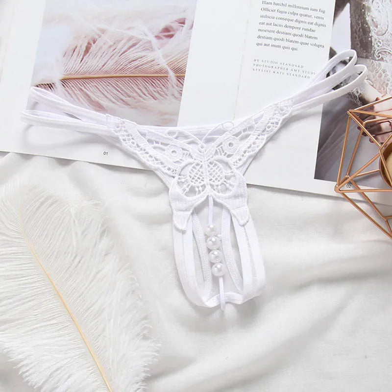 Lace Pearl G-String – Open Crotch Beaded Thong for Sexy Lingerie